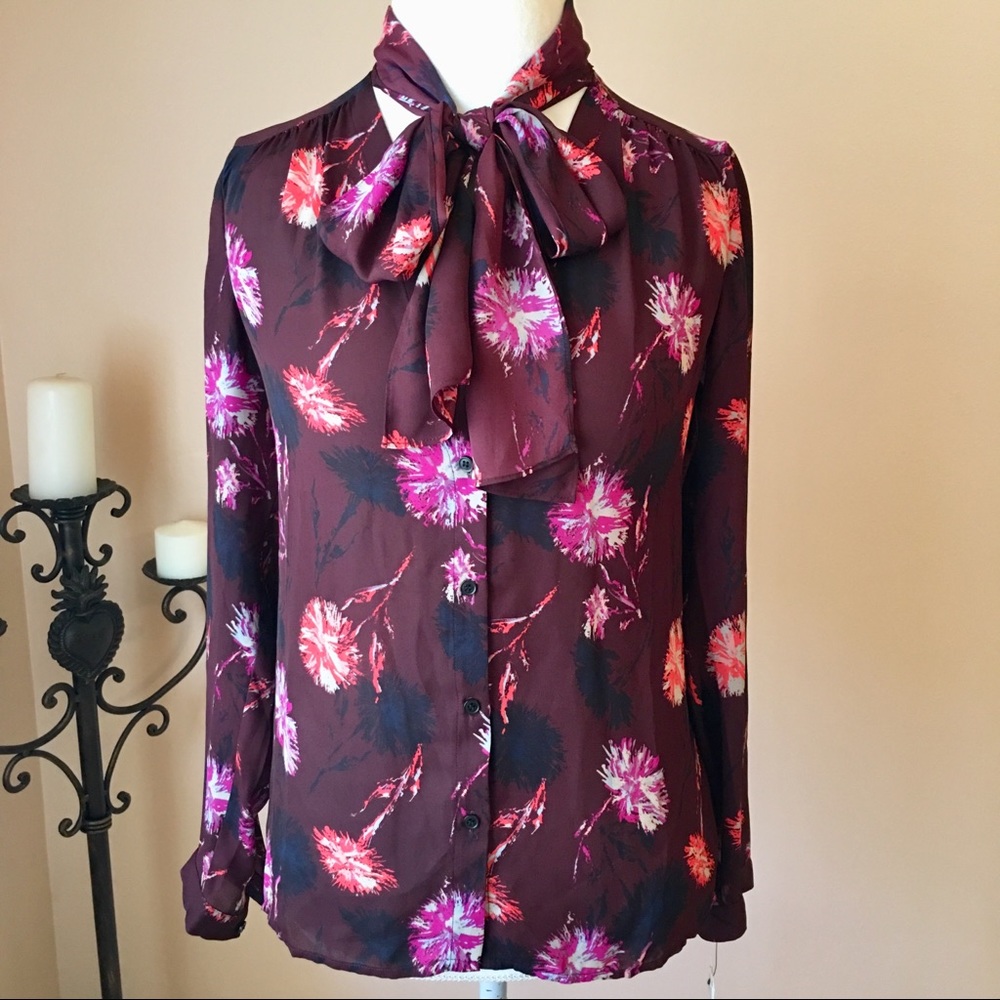 Halogen Burgundy Print Scarf Tie-Neck Blouse XS